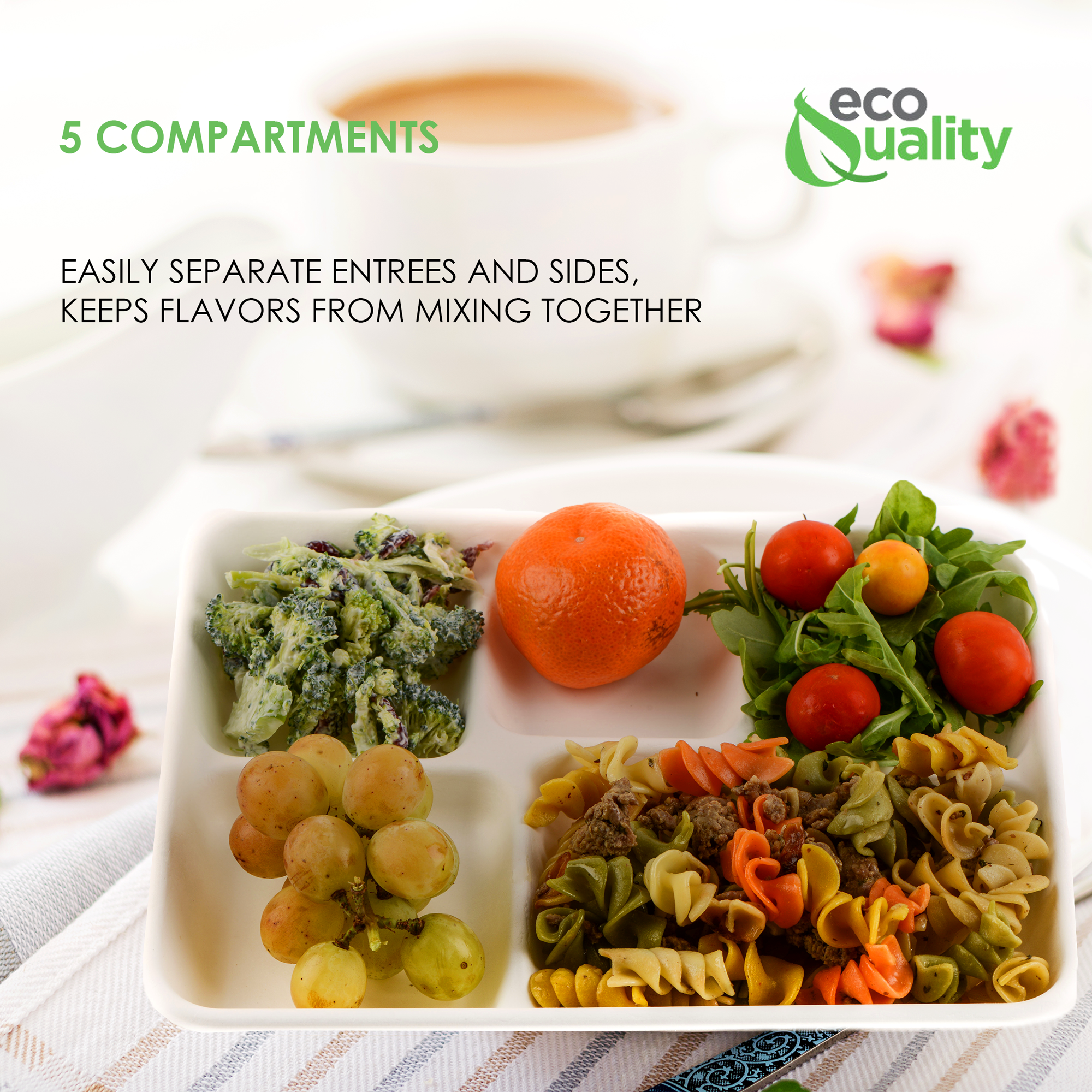 EcoQuality - Vente Assiette jetable - Plateau jetable compostable en fibre de pulpe de canne à sucre à 5 compartiments (25,4 x 21,1 x 2,3 cm)3