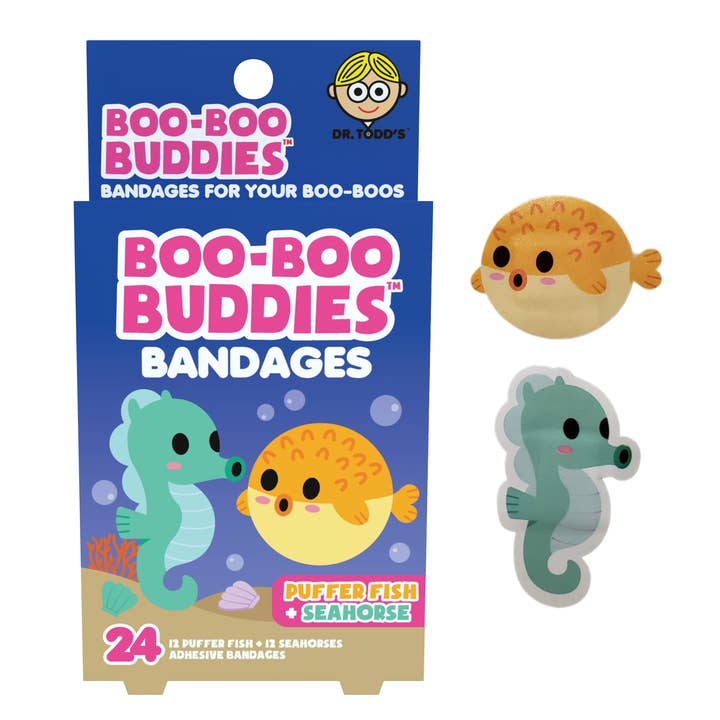 Pansements pour enfants – Poisson-globe + Hippocampe (24 unités, sans latex) pour la vente par Boo Boo Buddies