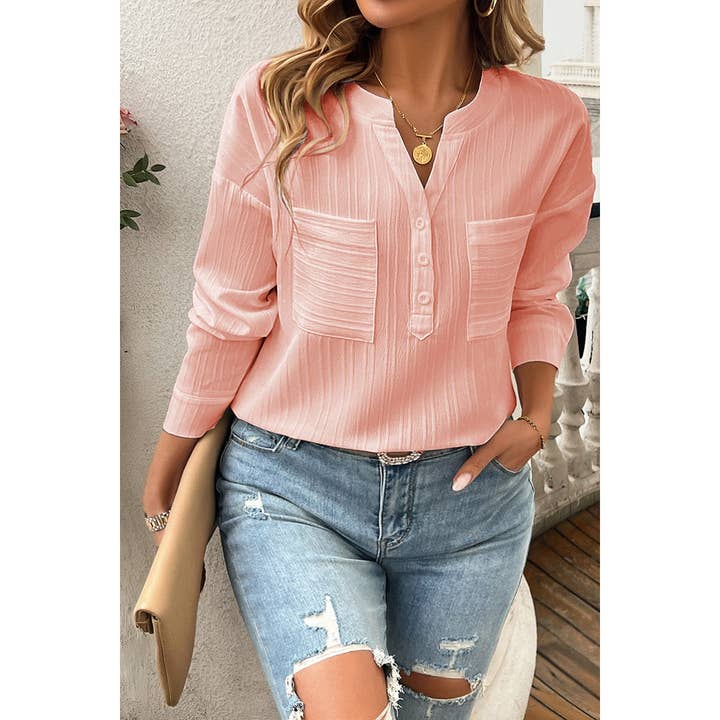 Supreme Fashion - Wholesale Blouse - Women's - Solid Buttons V Neck Elegant Front Pockets Blouse17
