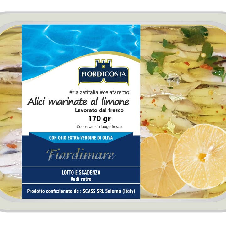 Marinated anchovies with lemon 170 gr for wholesale by Fiordicosta