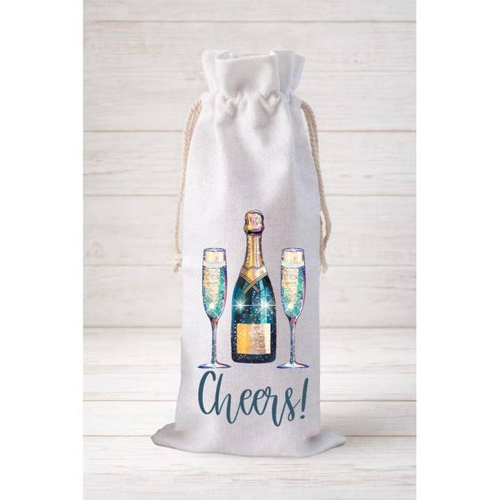 Cheers Champagne, Wine Bottle Gift Bag – Reusable Drawstring Canvas Bag for wholesale by Moman Sales, Inc.
