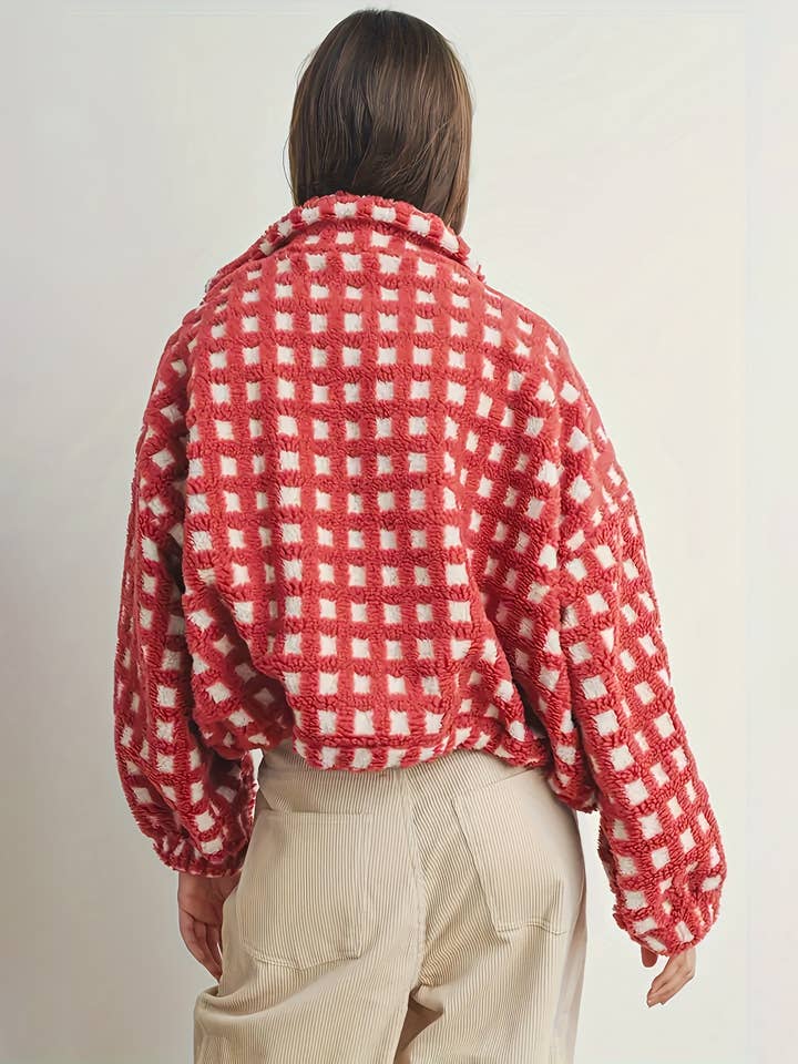 Checkered Red Gingham Sherpa fleece oversized jacket for wholesale on Faire1