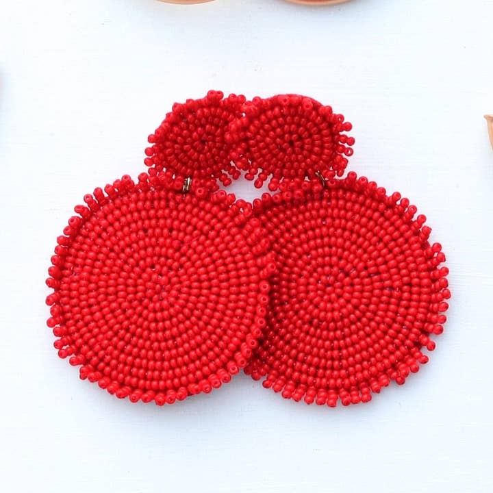Red Beaded Drop Disc Earrings | Fringe Discs for wholesale by Pierce + Hide