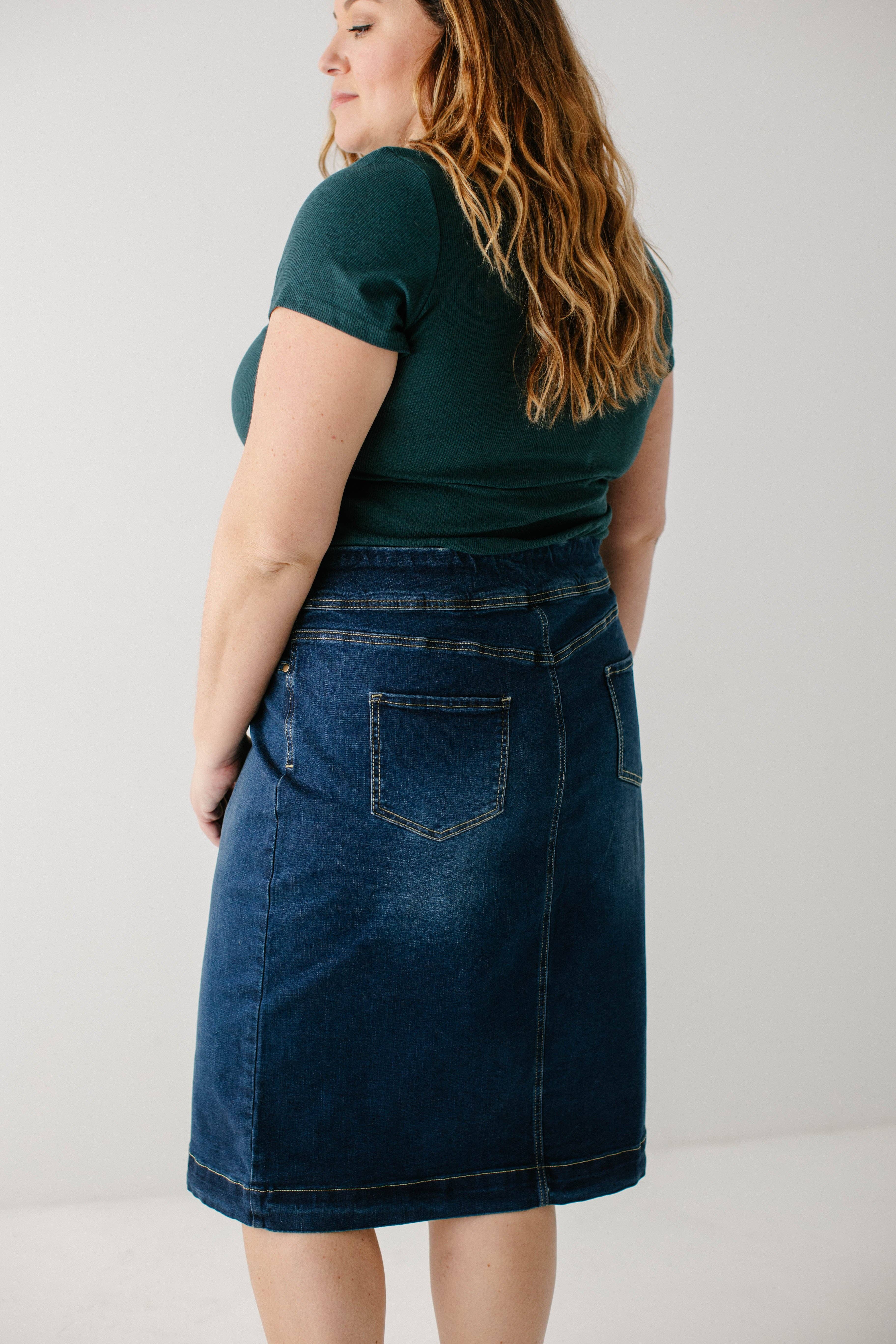 'Sara' Classic Knee Length Dark Denim Skirt for wholesale on Faire11