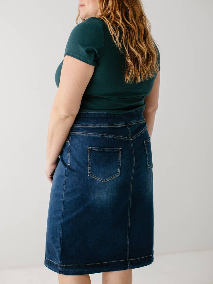 'Sara' Classic Knee Length Dark Denim Skirt for wholesale on Faire11