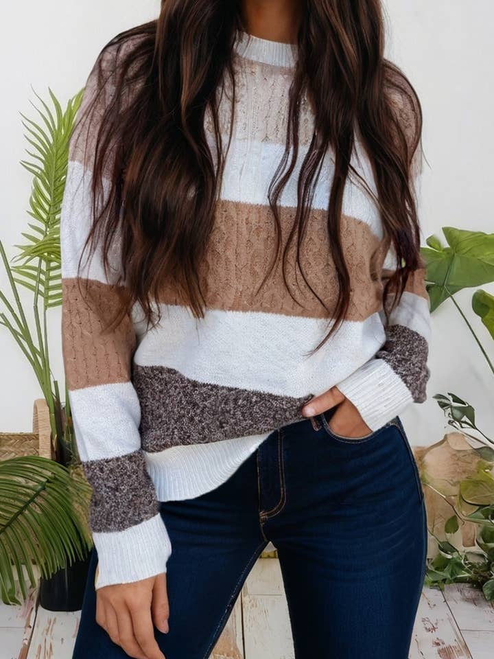 Mixed Texture Knit Striped Color Block Loose Sweater for wholesale by 66DISCO