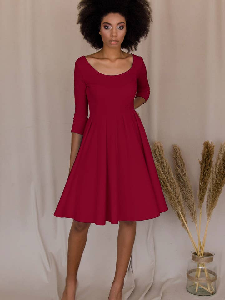 Bright Red Skater 3/4 Sleeve Holiday Easter Tea Party Dress - Women for wholesale by Pineapple Clothing