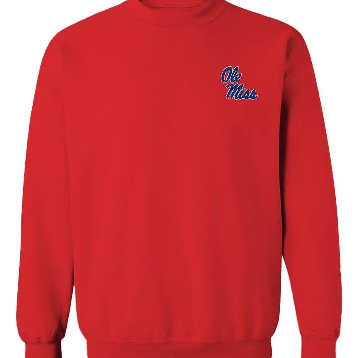 Ole Miss Rebels Hand Sketched Vive La Fete Impressions Artwork Red Crew Neck Sweatshirt for Women for wholesale by Vive La Fete