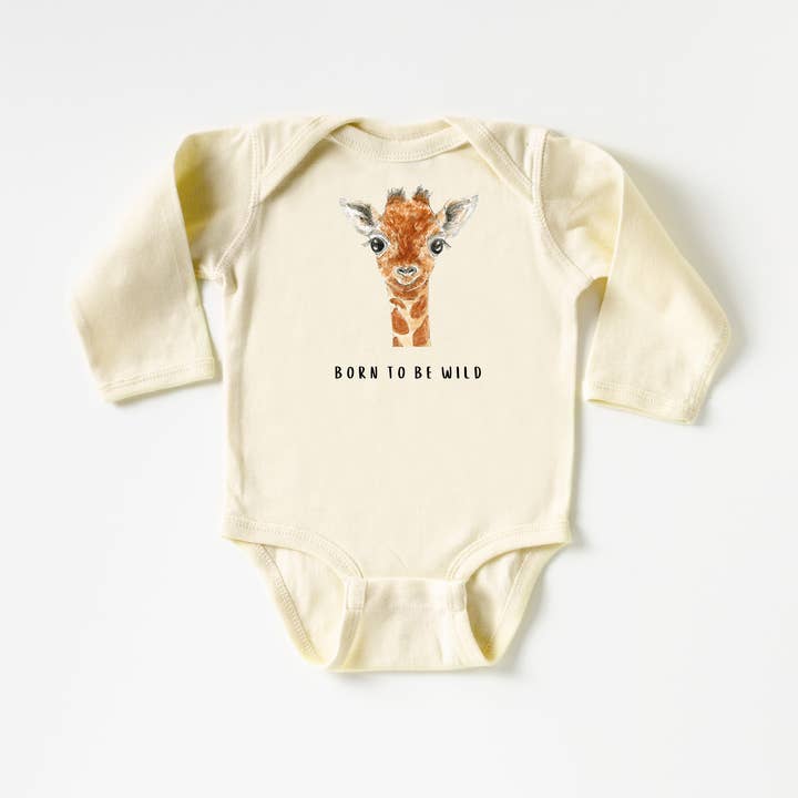 Geboren om Wild te Zijn Giraffe Lange Mouw Onesie® voor wholesale door WLDFLWR Studio