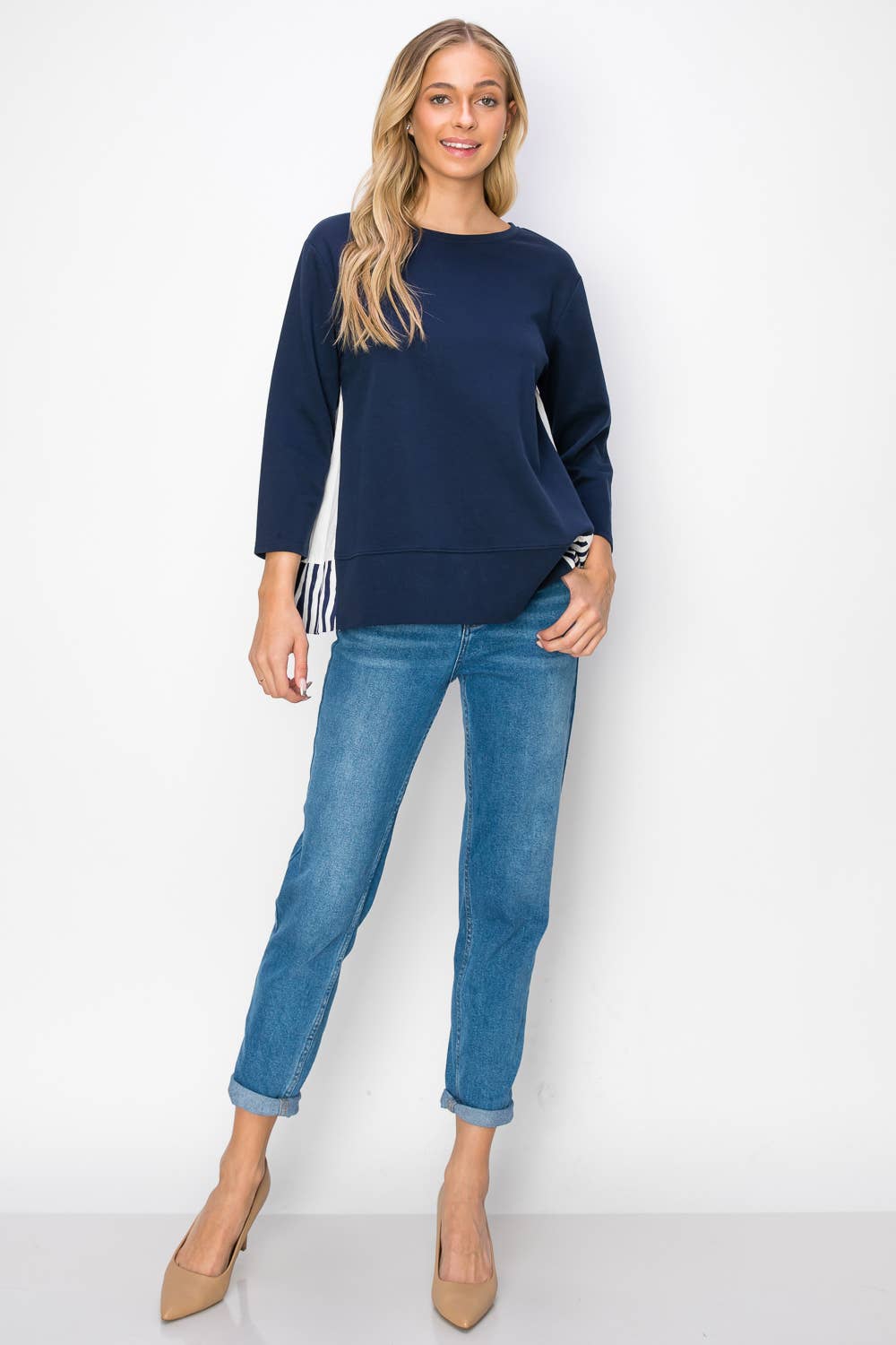 Navy Regina Spitzenstrick mit Streifen aus Baumwollpopeline für den Großhandel auf Faire9