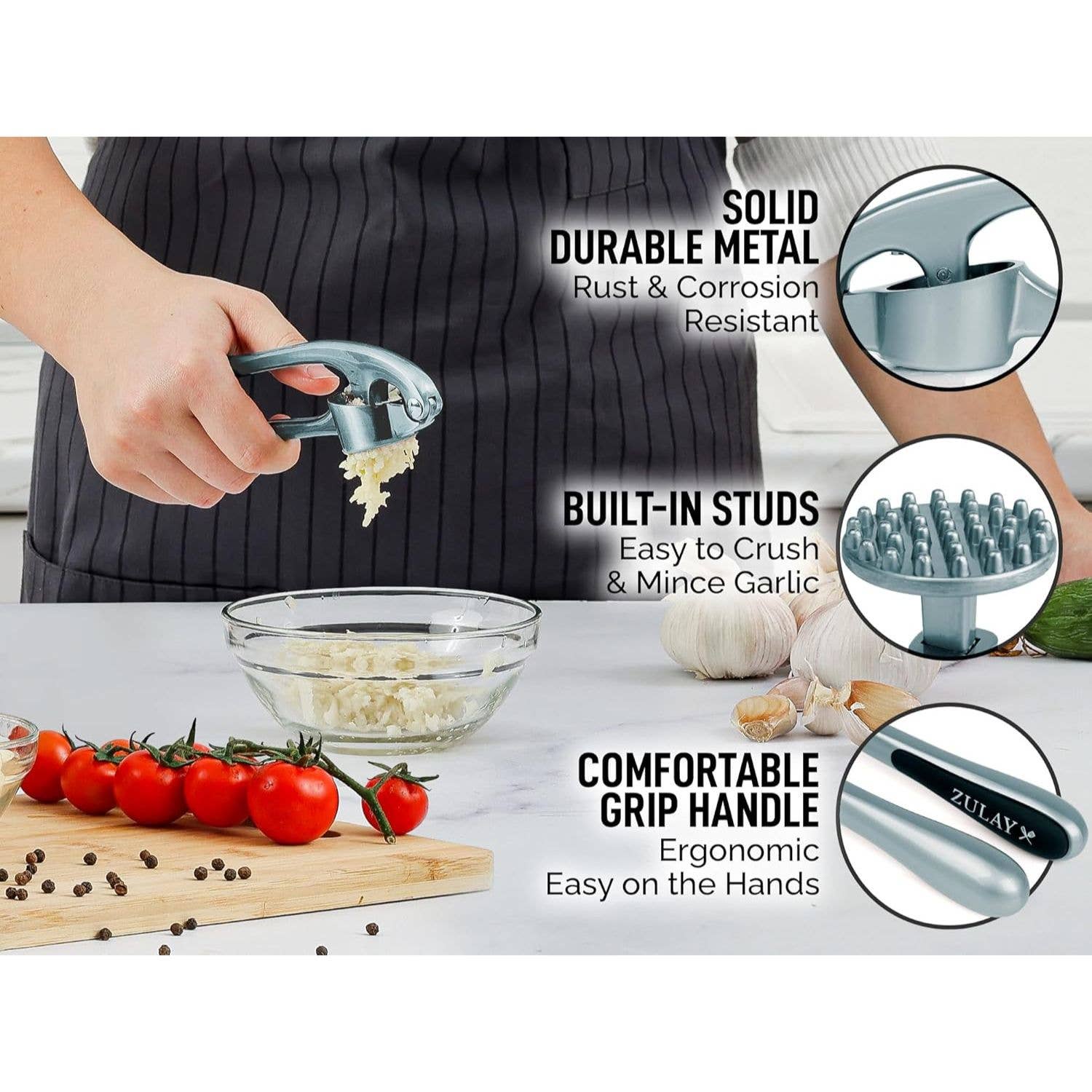 Zulay Kitchen - Venta al por mayor Utensilio/dispositivo de cocina - Prensa de ajo con pelador de silicona y cepillo6