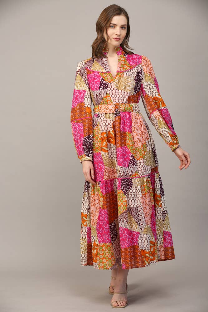 FUCHSIA/ORANGE/LILLA MIDIKJOLE I PATCHWORK BOMULDSDETALJER MED BÆLTE FD32154 for engroshandel på Faire2