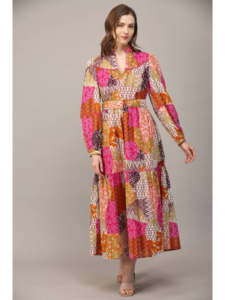 FUCHSIA ORANGE PURPLE PATCHWORK COTTON PIPING DETAIL BELTED MIDI DRESS FD32154 for wholesale on Faire2