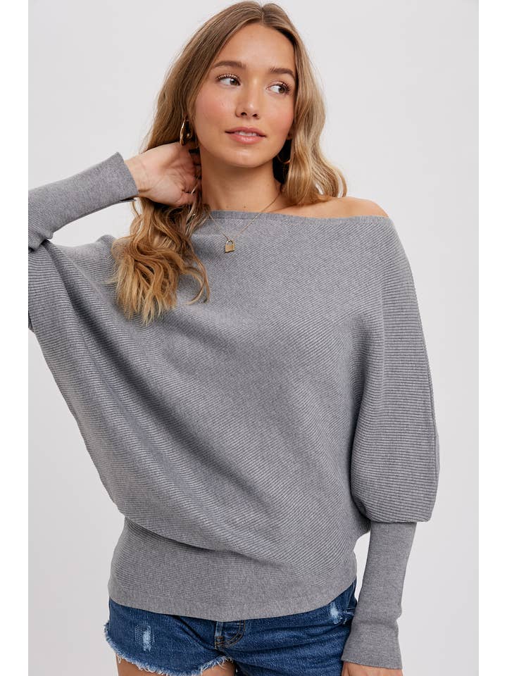 Bluivy - Wholesale Knit Sweater - Women's - ASYMMETRICAL OPEN SHOULDER DOLMAN PULLOVER