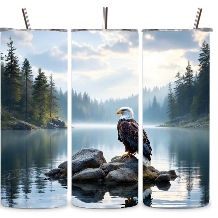 Alpha Wholesale - Wholesale Insulated Mug/Tumbler - Alpha Printing 20oz Stainless Steel Tumblers-eagle on rocks on lake
