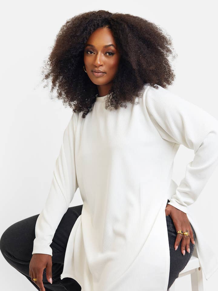 Hope Ribbed Oversized Double Split Sweater - White for wholesale by REBDOLLS