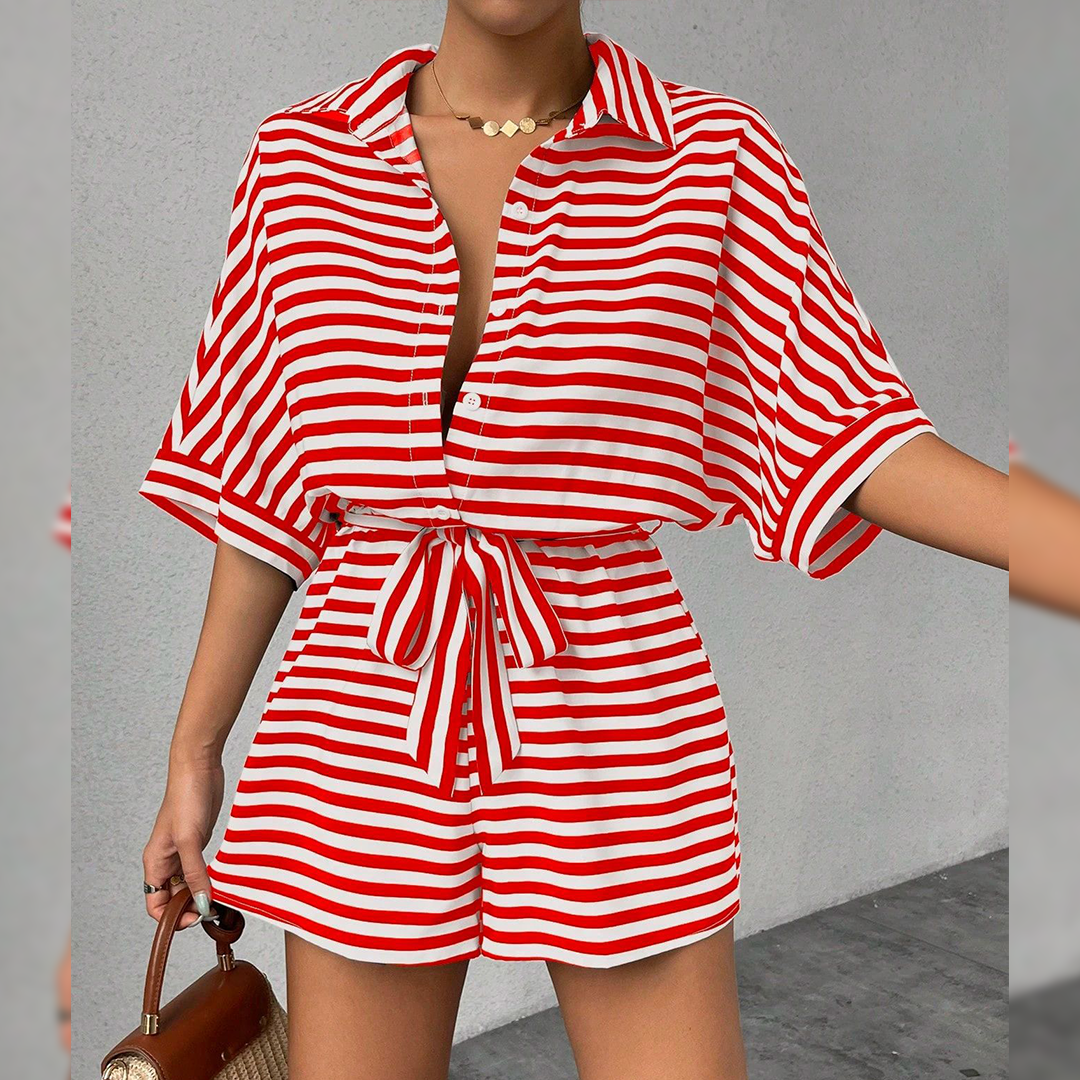 UNISHE - Wholesale Romper - Women's - Summer Striped Lapel Button-Up Belted Shorts Romper AXR1290