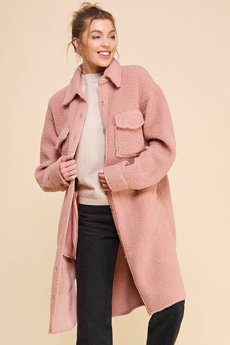 Dusty Rose Long Sherpa Shacket with Pockets for wholesale on Faire19
