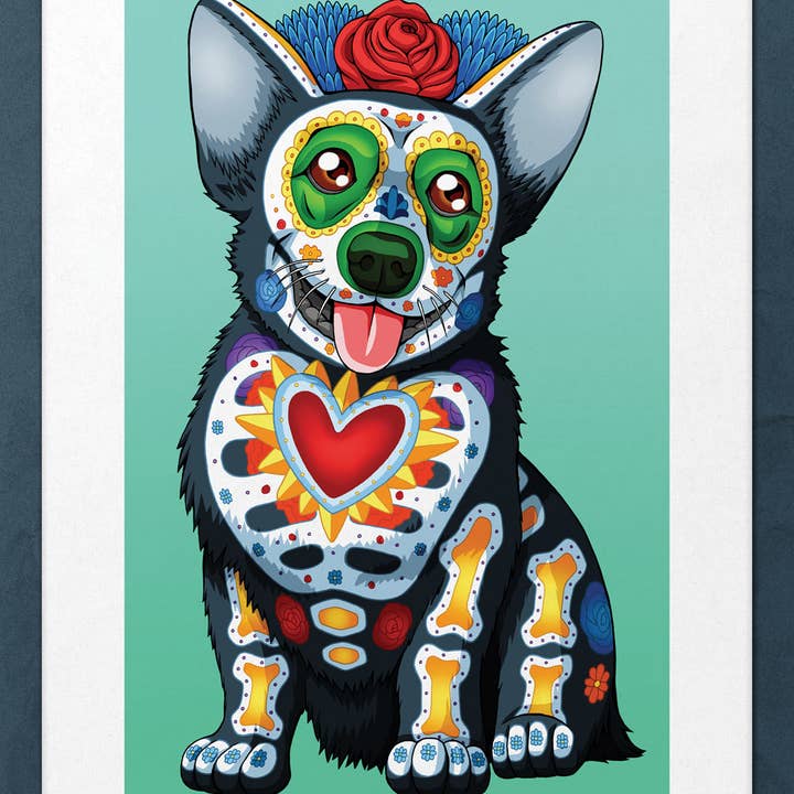 Day of the Dead Dog Corgi Art Print - "Cabo" for wholesale by Nicholas Ivins Art & Illustration