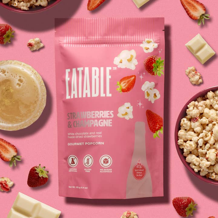 Strawberries & Champagne 🍓 Gourmet White Chocolate Popcorn for wholesale by EATABLE Popcorn
