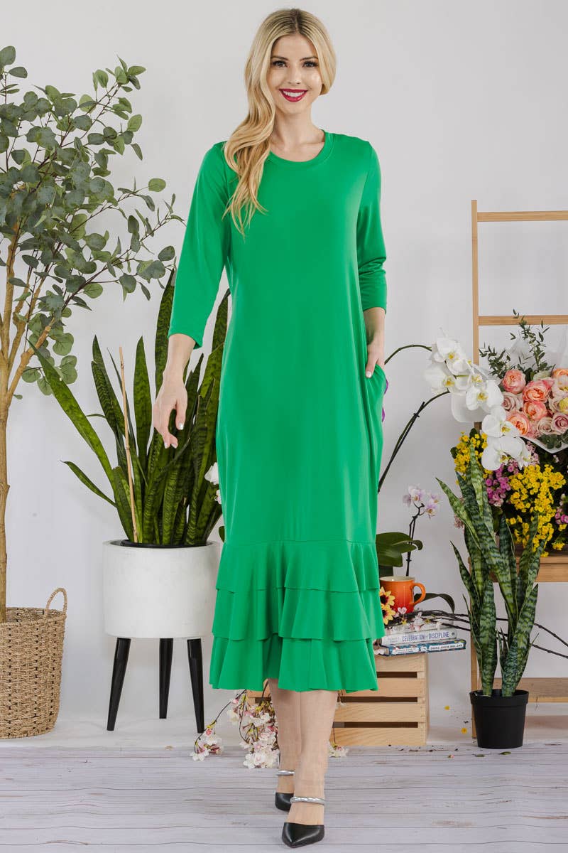 Celeste Clothing – Großhandel Kleid – Damen – Großgrößen-Midikleid mit gestuften Rüschen und 3/4-Ärmeln39