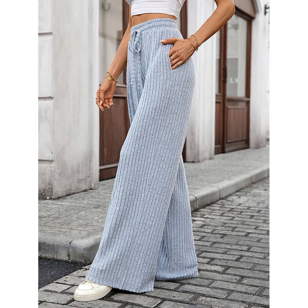 UNISHE - Wholesale Pants - Women's - Solid Drawstring Ribbed Brushed Elastic Waist Pants HLL2837