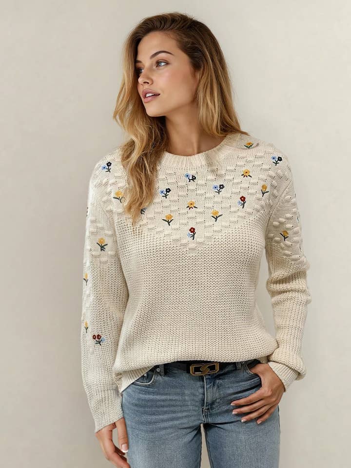 Gemma Mixed Texture Knit Flower Embroidered Sweater for wholesale by Indie & Co. | Women's Apparel