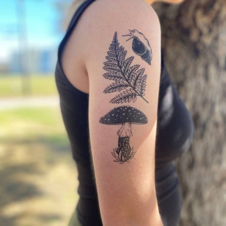NatureTats - Wholesale Temporary Tattoo - Amanita Mushroom, Fern, Snail Temporary Tattoo