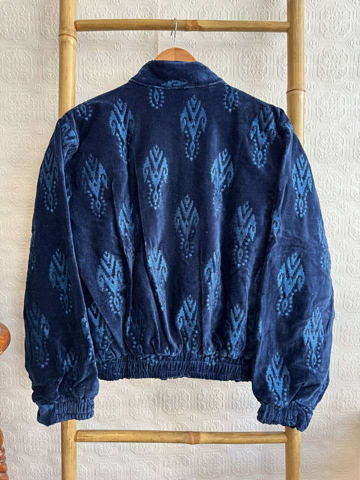 Elegant Royal Navy Ikkat Luxury Embroidered Velvet Tonal Boho Bomber Jacket for wholesale on Faire4