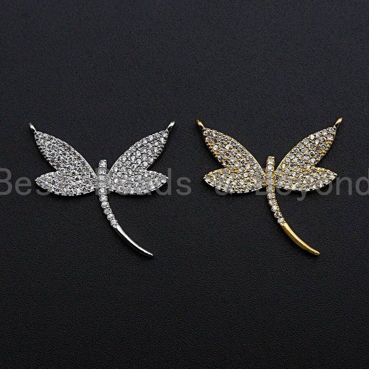 Pingente Clear CZ Micro Pave Dragonfly Shape, pingente de libélula de zircônia cúbica, tom ouro/prata, 25x28mm, sku #Z738 por atacado de BestBeads&Beyond