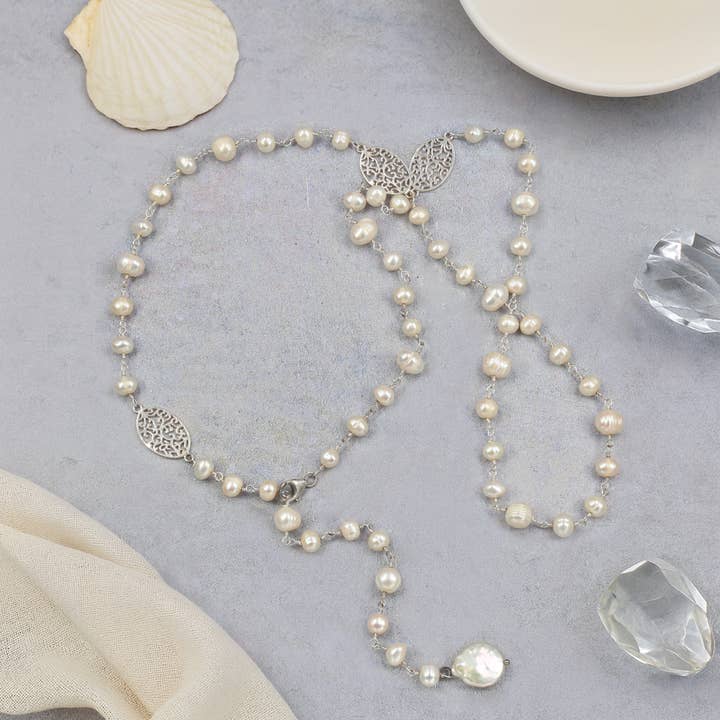 16C126 - Cultured Pearl Sterling Filigree Lariat Necklace for wholesale by IST Jewelry