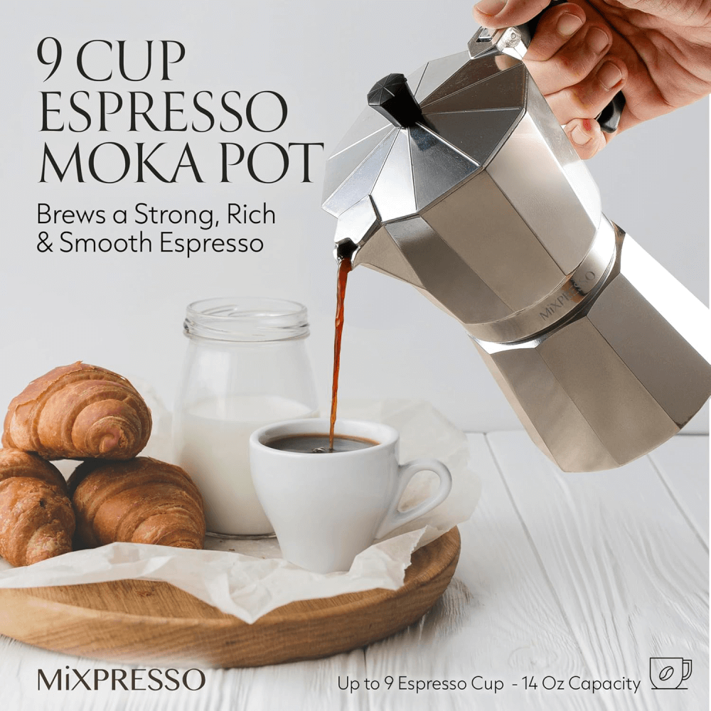 Mixpresso - Wholesale Percolator - Mixpresso 9 Cup Moka Pot Cuban Coffee Maker, Moka Pot for Gas, Electric Stove Top, Classic Italian Coffee Maker, Stovetop Espresso Maker, Camping Pot Makes 9 Espresso Cup 14 Oz5