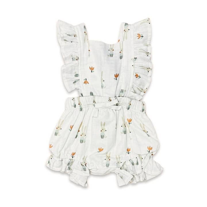 Blanco Suave Mameluco corto con volantes y lazo en la espalda (muselina orgánica) de venta al por mayor en Faire0