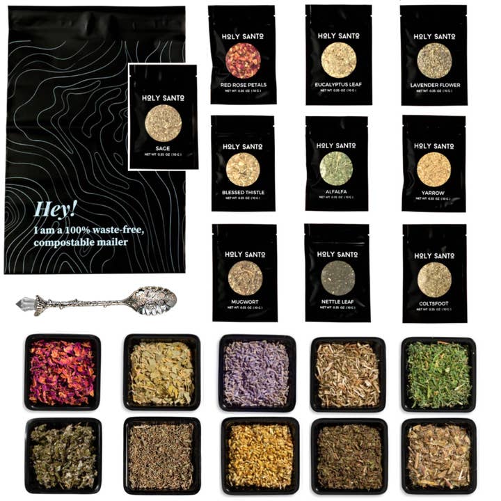 Holy Santo - Venta al por mayor Artículo de meditación - Minikit de hierbas espirituales, 10 hierbas rituales con cuchara de cristal
