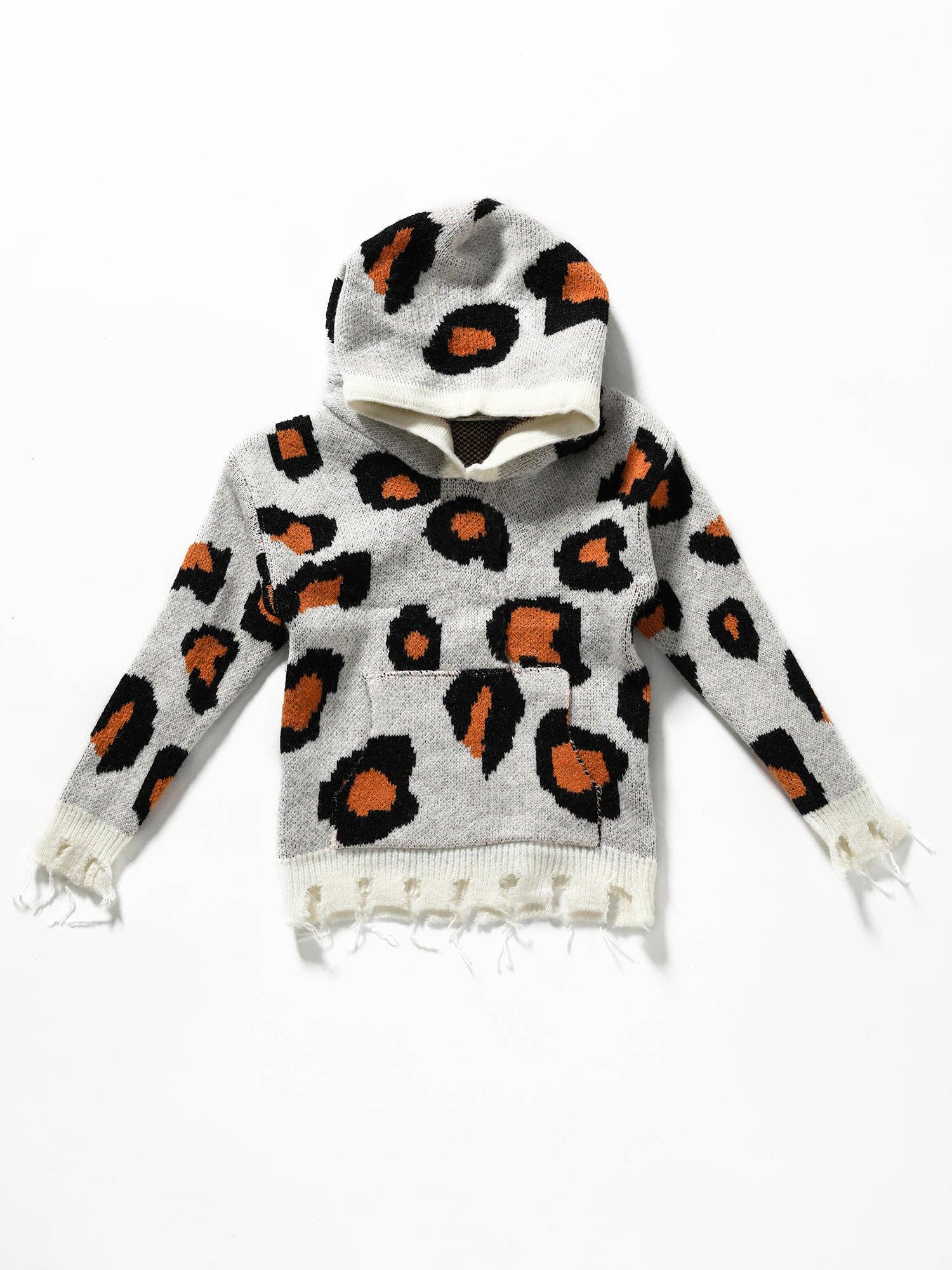 sassy kids palace – wholesale Hoodie – Child – Girls Leopard Distressed Hem Sweater Hoodie