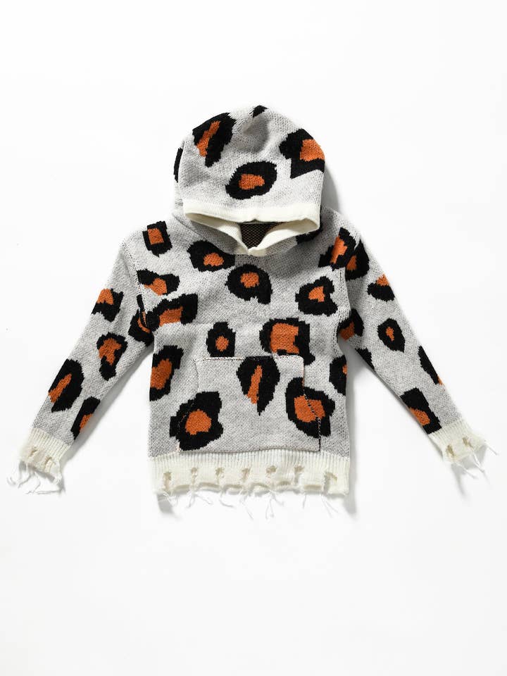 sassy kids palace - Wholesale Hoodie - Kids - Girls Leopard Distressed Hem Sweater Hoodie0