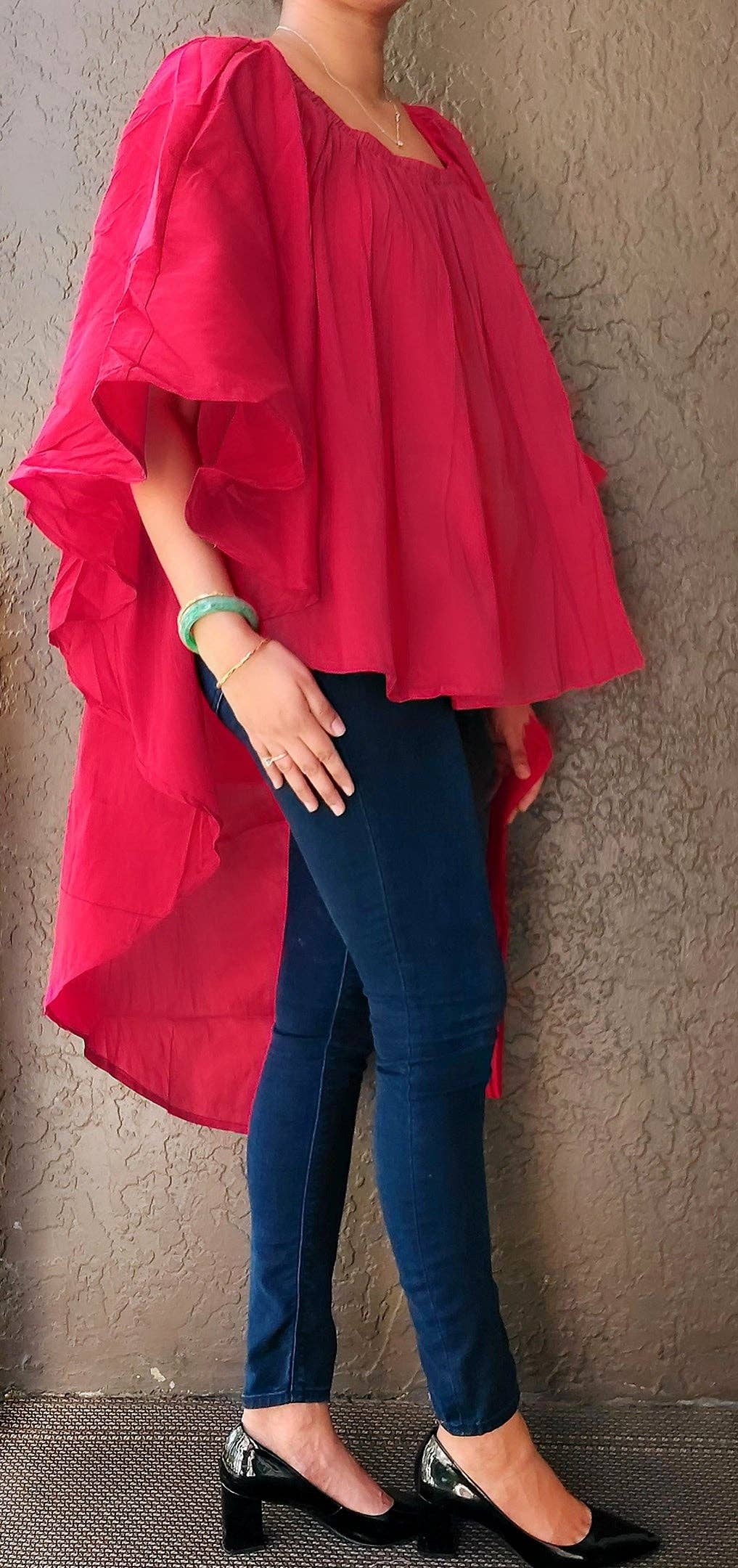 India Batik - Venta al por mayor Blusa - Mujer - Blusa Poncho / Falda Hi Lo / Multiuso / Rojo Sólido1