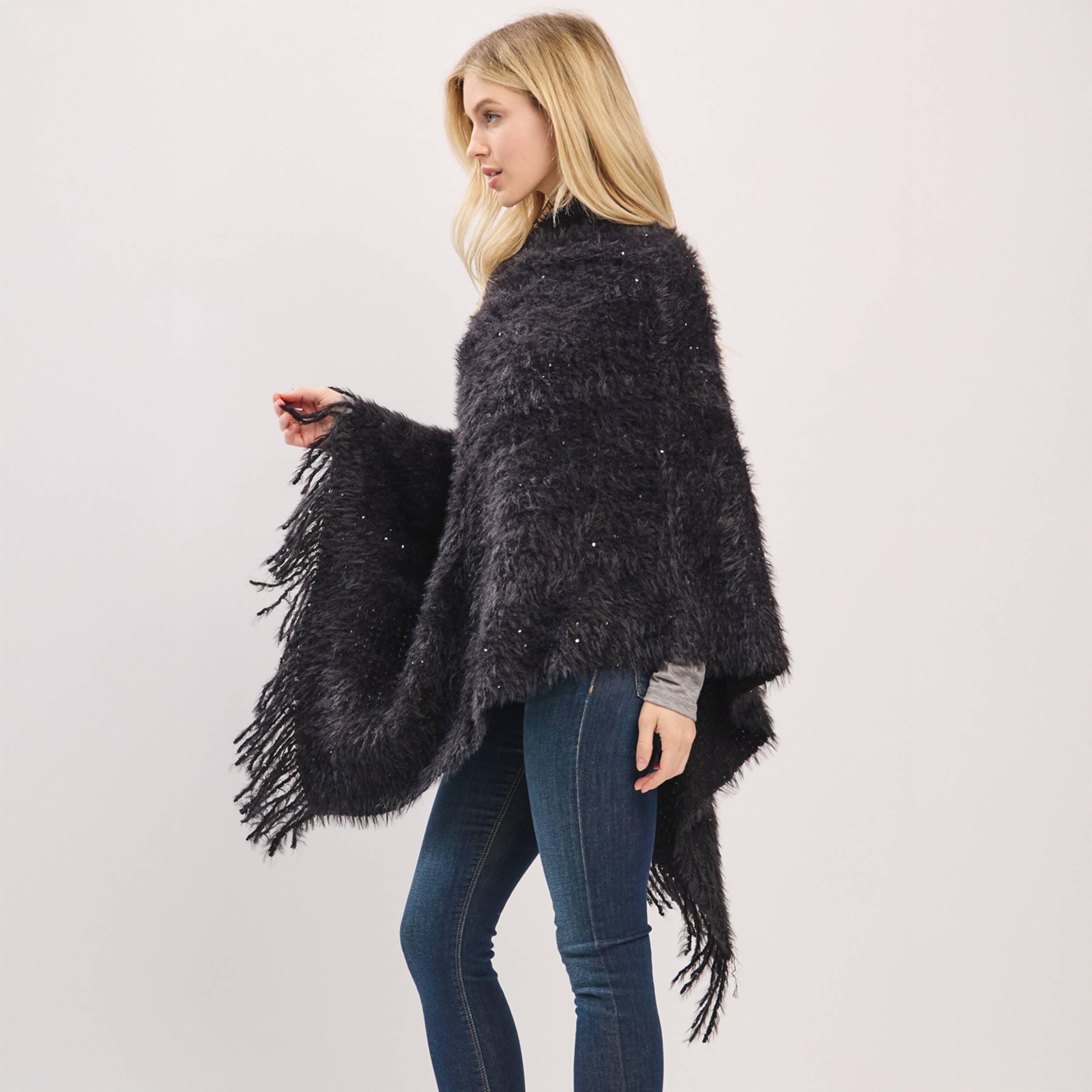 Hana – wholesale Poncho – Women's – Fuzzy Sequin with Fringe Light Weight Poncho4