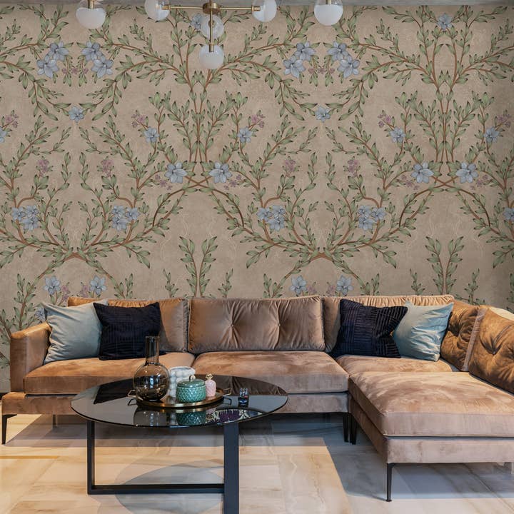 Mural de Papel de Parede Padrão de Ramos Vintage com Flores Azul Suave por atacado de GK Home Decor