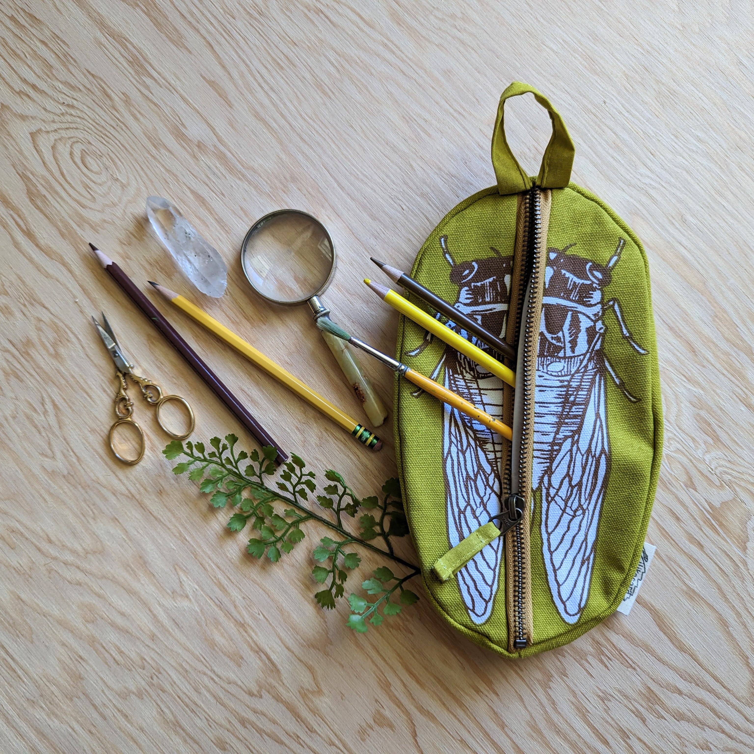 ilikesara | art + goods – wholesale Pencil case/pouch – zippered pouch | cicada - yellow & brown bug/insect pencil, supply, makeup bag with waterproof lining6