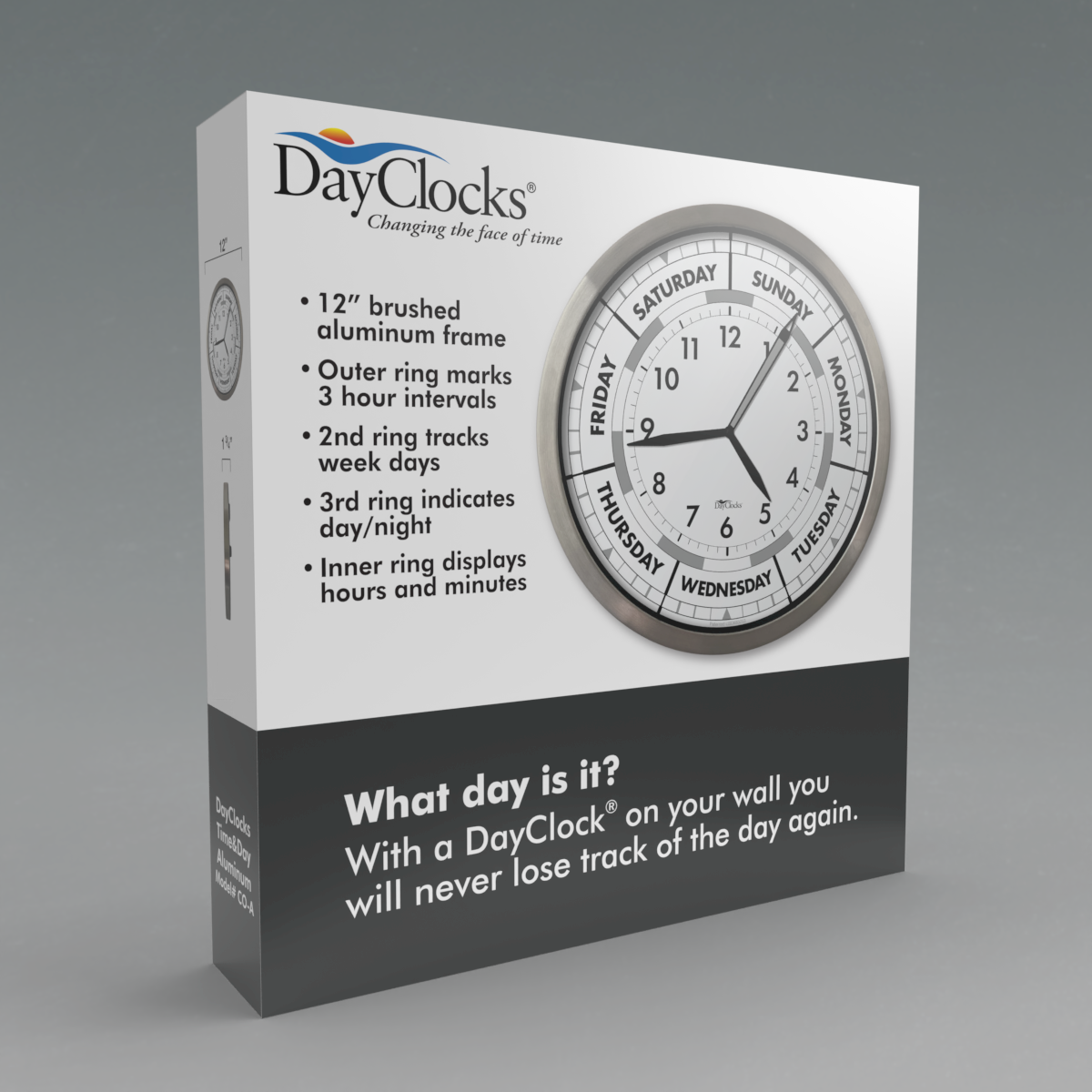 Dayclocks – Großhandel Wanduhren – DayClocks 12"-Wanduhr mit Aluminiumrahmen8