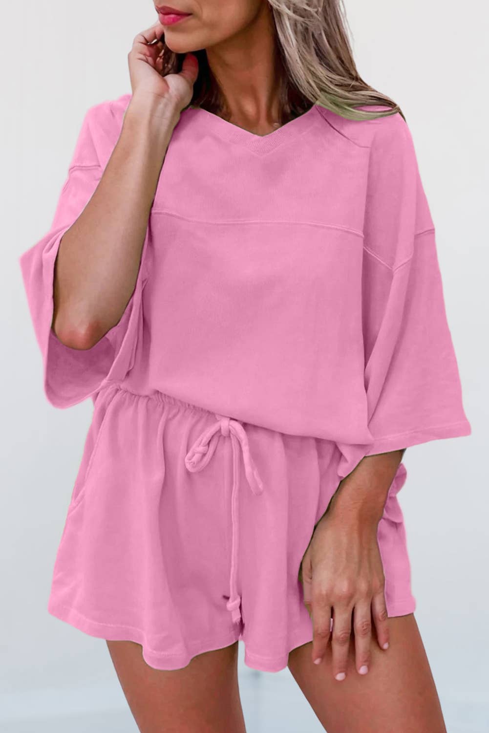 Aapparella - Wholesale Lounge Set - Women's - Solid V Neck Half Sleeve Tee & Shorts Set | S-XL & 1X-4X5