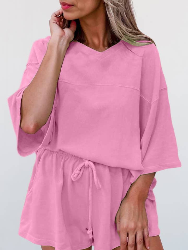 Aapparella - Wholesale Lounge Set - Women's - Solid V Neck Half Sleeve Tee & Shorts Set | S-XL & 1X-4X5