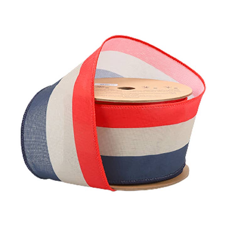 Ruban câblé 2 1/2 | Rayure de fanion rouge/naturel/bleu | Rouleau de 10 yards pour la vente par LA Ribbons Wholesale