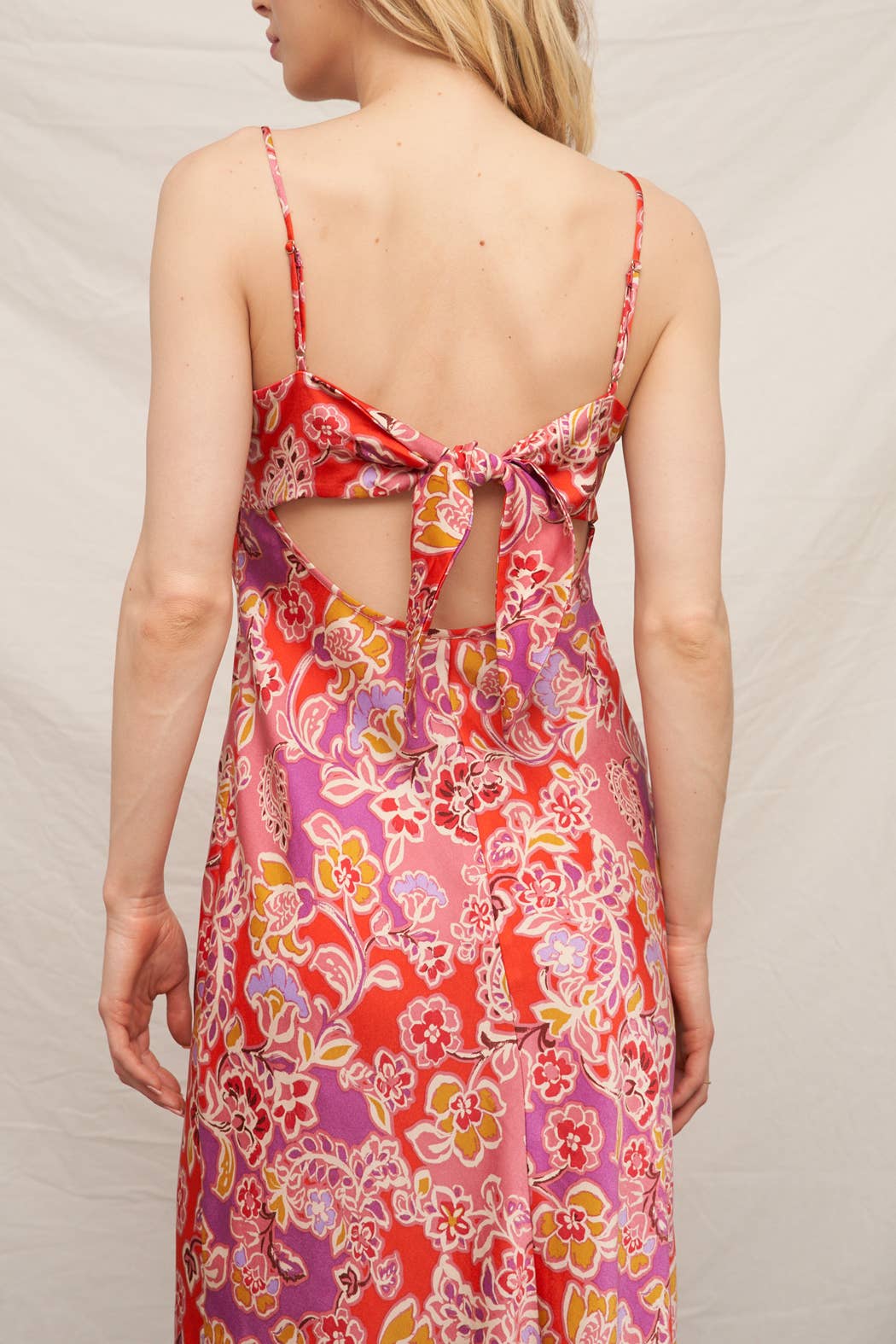 Pink Multi Sleeveless Floral Satin Midi Dress  for wholesale on Faire9