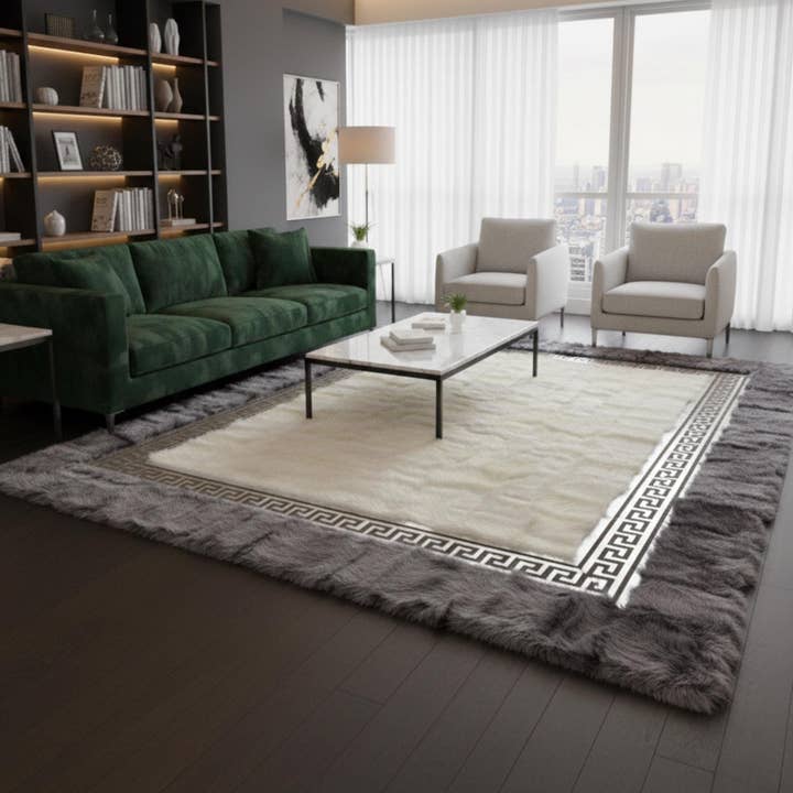 Tuscan Fur Rug, Grey and White Area Rug, Meander Border Carpet, Luxury Living Room Mat, Soft Fluffy Floor Decor for wholesale by Karelias And Sons