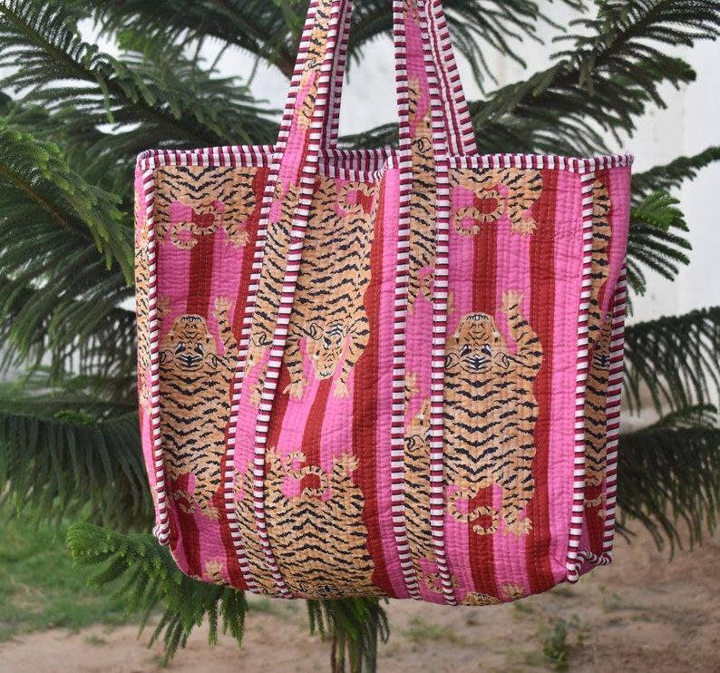 bhavnas boutique – wholesale Tote bag – Women's – Tiger Hand Block Printed Bag Tote Handmade Fashion Women Bag