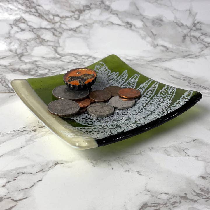 Kiku Handmade | Contemporary Fused Glass Home Goods - Wholesale Decorative Plate/Dish/Bowl - Fern Leaf Fused Glass 4.5" Catch-all Dish3