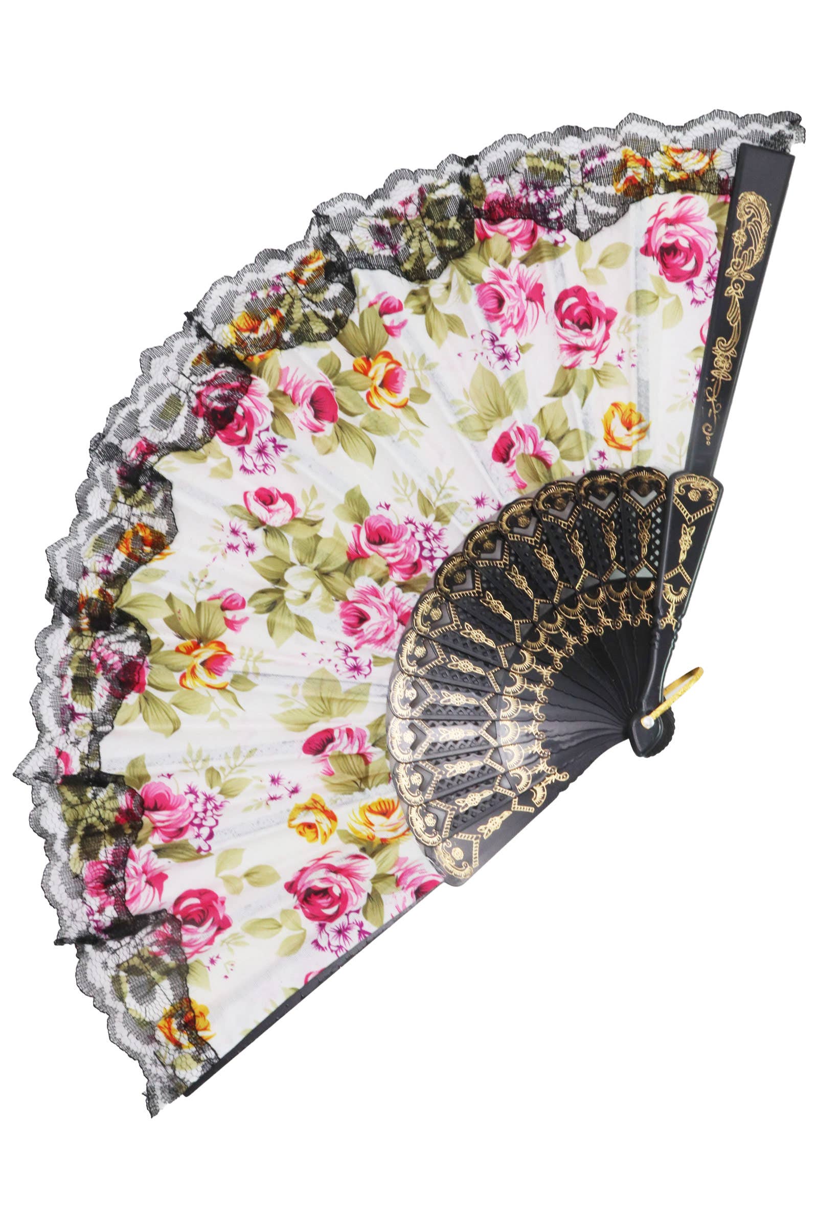 Assorted Rose Black Lace Trim Hand-held Folding Fan for wholesale on Faire8