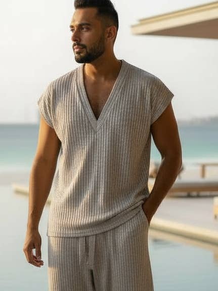 Silver Rib Knit Deep V-Neck Shirt – Unisex Metallic Lounge Top for wholesale by Culture And Fate